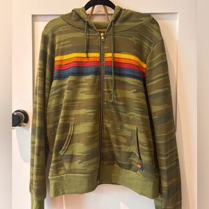 Aviator Nation Camo Zip-Up Sweater with 5 Rainbow Stripes UNISEX